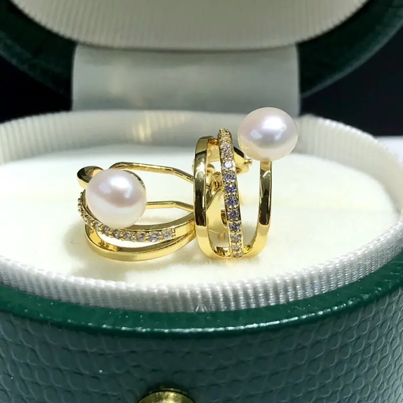 Women's Pearl Earrings Set Gold Plated Round Micro Pearl