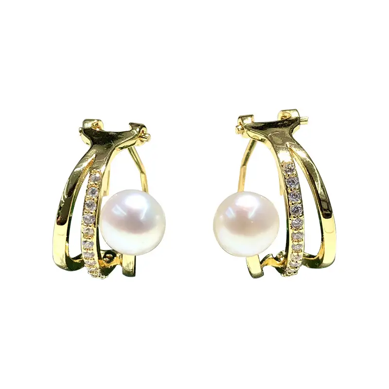 Women's Pearl Earrings Set Gold Plated Round Micro Pearl