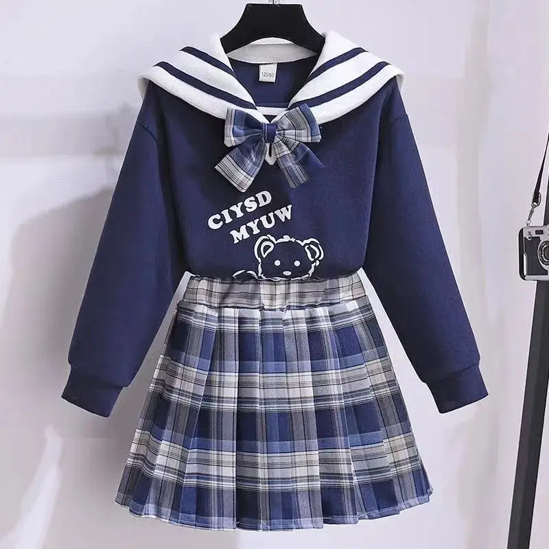 Girls' Navy Blue Plaid Skirt Suit with Bow - Image 2