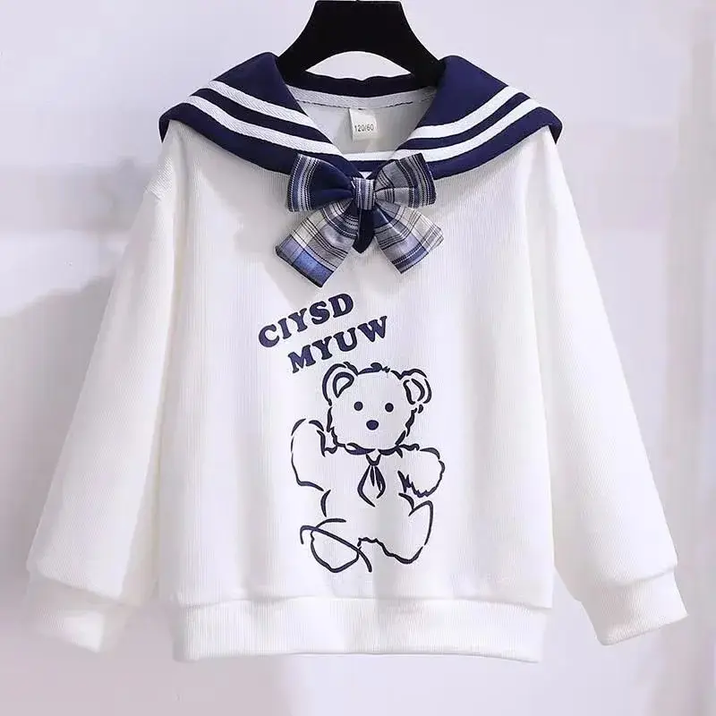 Girls' Navy Blue Plaid Skirt Suit with Bow - Image 4