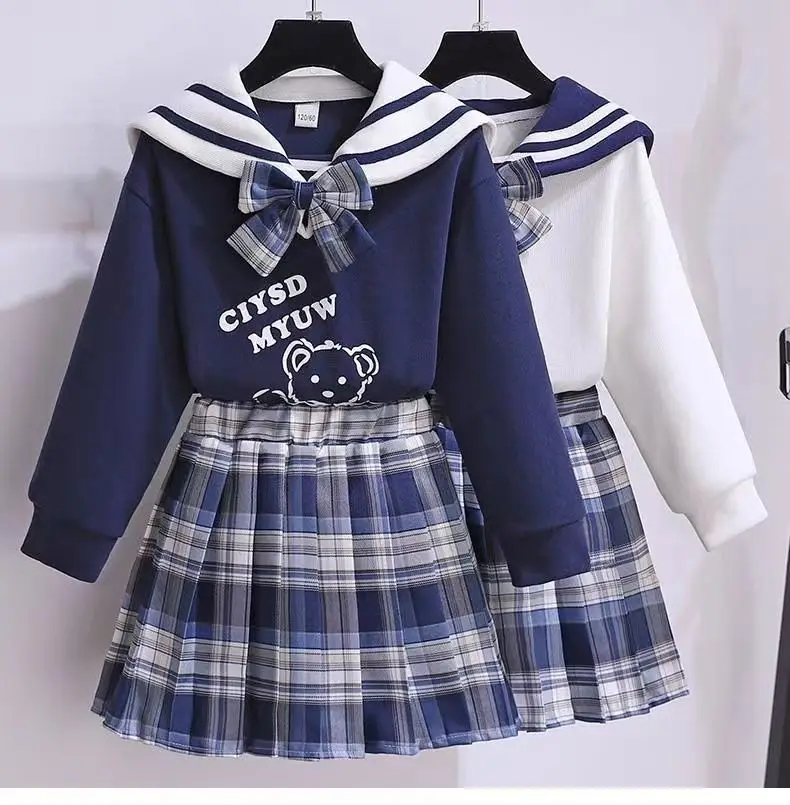 Girls' Navy Blue Plaid Skirt Suit with Bow — feature 1