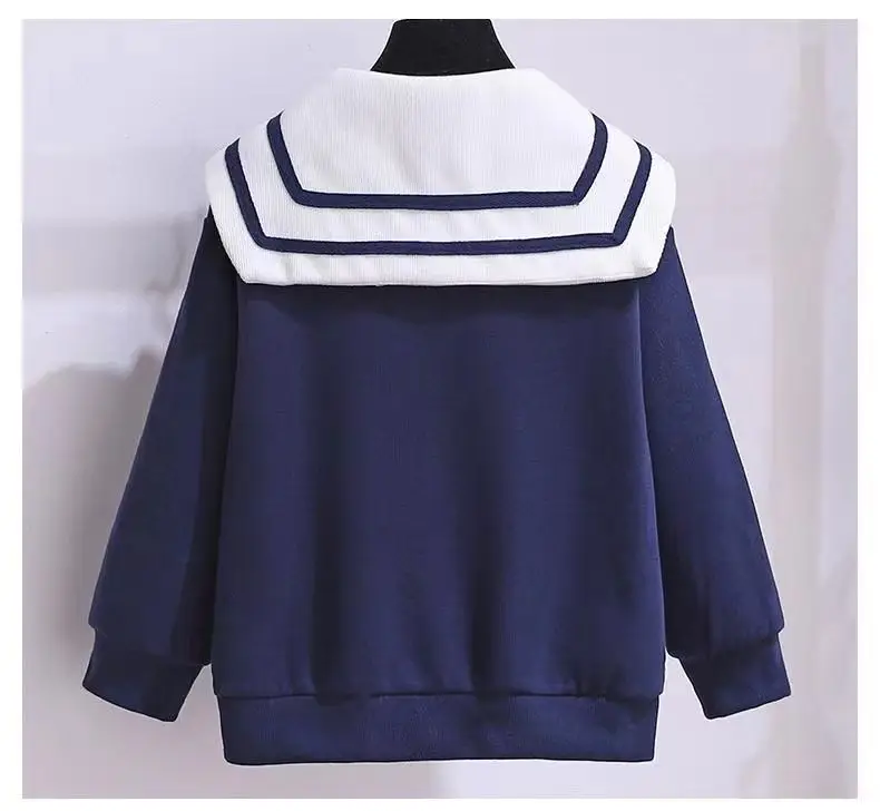 Girls' Navy Blue Plaid Skirt Suit with Bow — feature 10