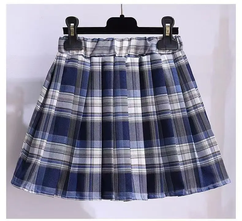 Girls' Navy Blue Plaid Skirt Suit with Bow — feature 11