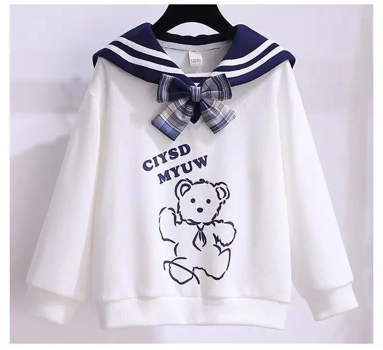 Girls' Navy Blue Plaid Skirt Suit with Bow — feature 3