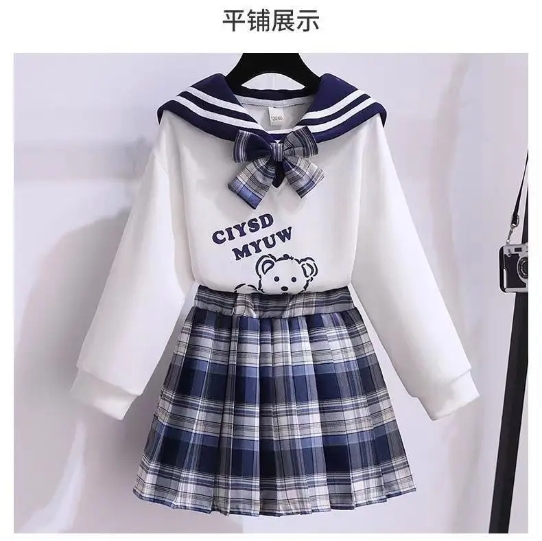 Girls' Navy Blue Plaid Skirt Suit with Bow — feature 6