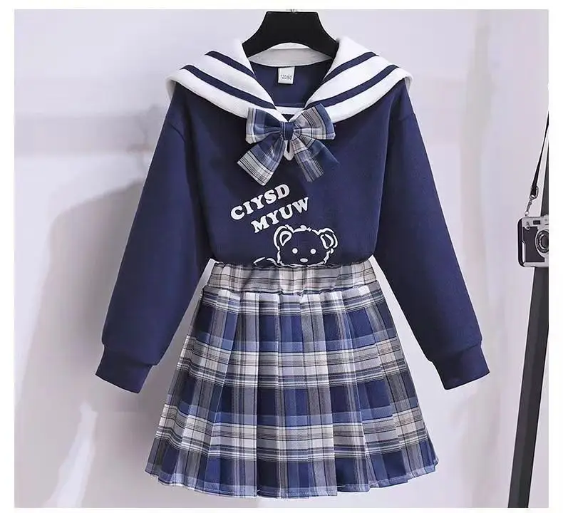 Girls' Navy Blue Plaid Skirt Suit with Bow — feature 8