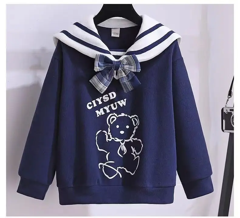 Girls' Navy Blue Plaid Skirt Suit with Bow — feature 9
