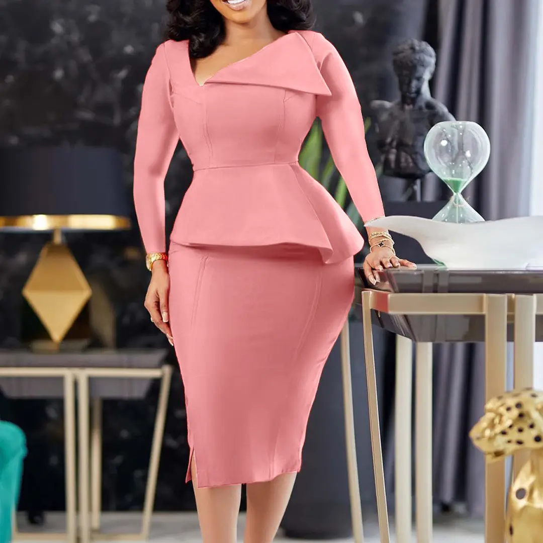Yellow Slant Collar Long Sleeve Dress for Plus Size Women