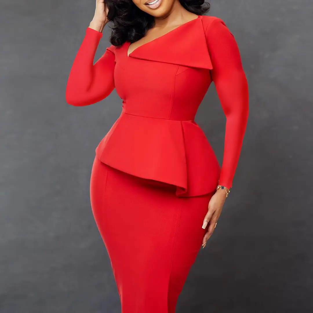 Yellow Slant Collar Long Sleeve Dress for Plus Size Women