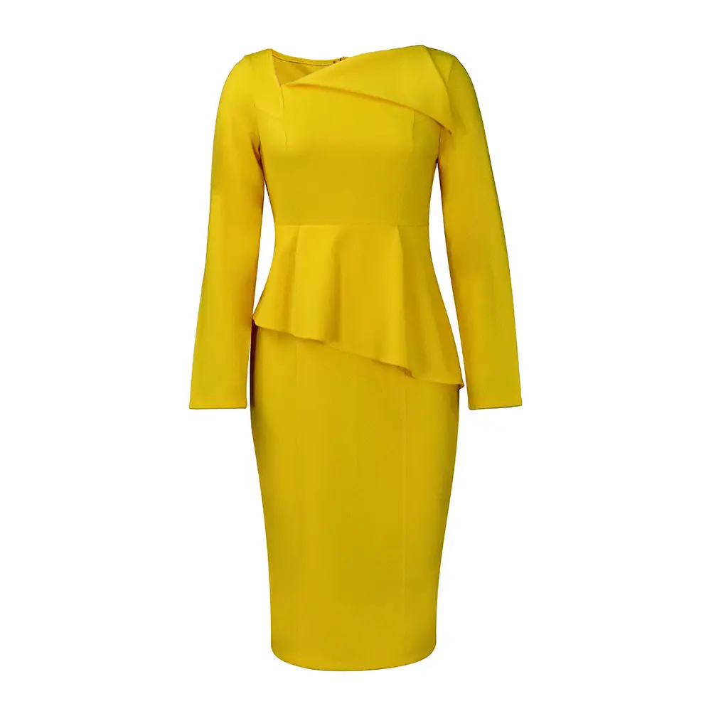 Yellow Slant Collar Long Sleeve Dress for Plus Size Women
