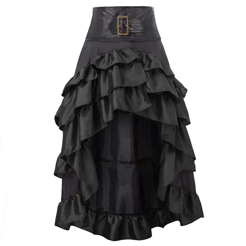 Black Ruffled High Waist Cake Skirt with Belt - Image 5