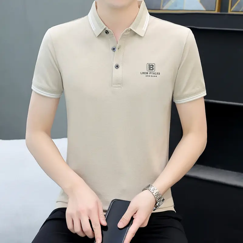 Men Navy Polo T-Shirt Short Sleeve Lapel Bottoming Casual