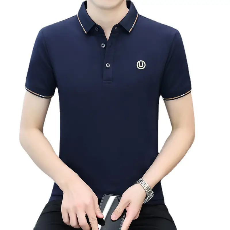 Men Navy Polo T-Shirt Short Sleeve Lapel Bottoming Casual
