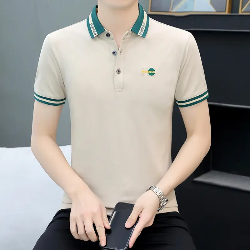 Men Navy Polo T-Shirt Short Sleeve Lapel Bottoming Casual