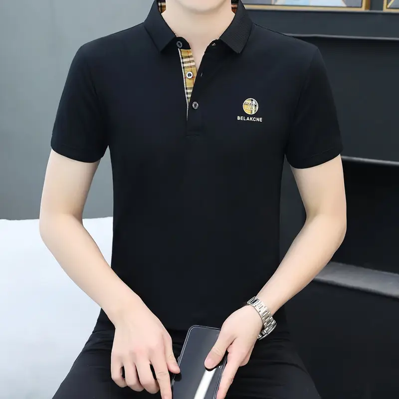 Men Navy Polo T-Shirt Short Sleeve Lapel Bottoming Casual