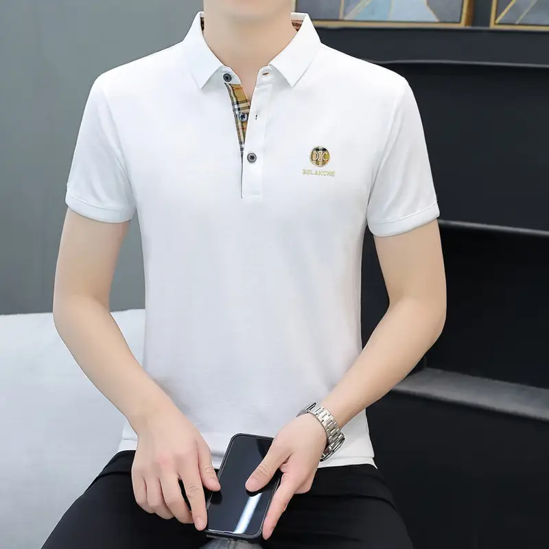 Men Navy Polo T-Shirt Short Sleeve Lapel Bottoming Casual