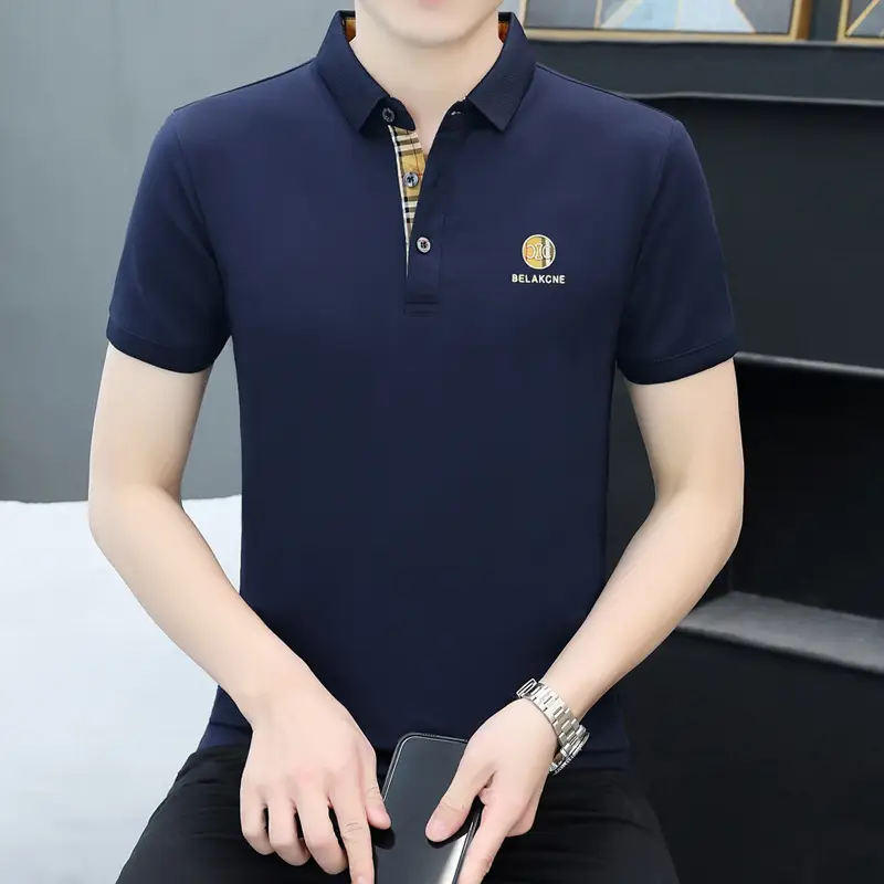 Men Navy Polo T-Shirt Short Sleeve Lapel Bottoming Casual