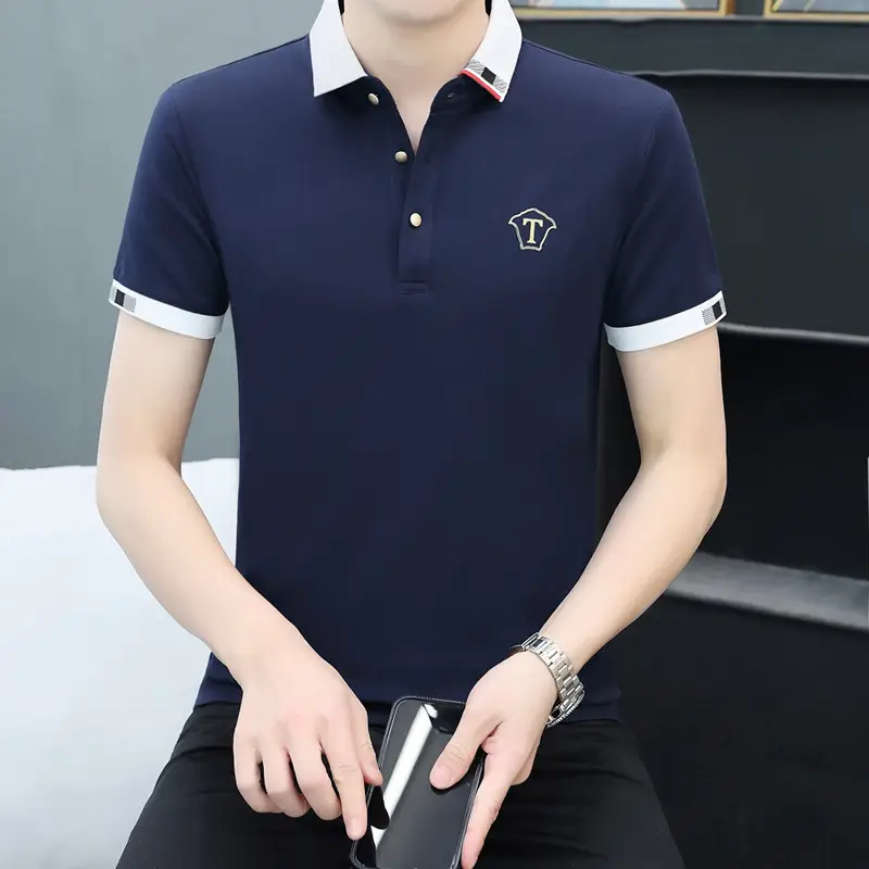 Men Navy Polo T-Shirt Short Sleeve Lapel Bottoming Casual