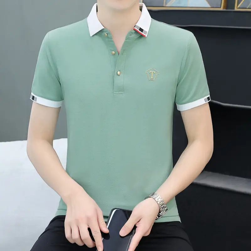 Men Navy Polo T-Shirt Short Sleeve Lapel Bottoming Casual
