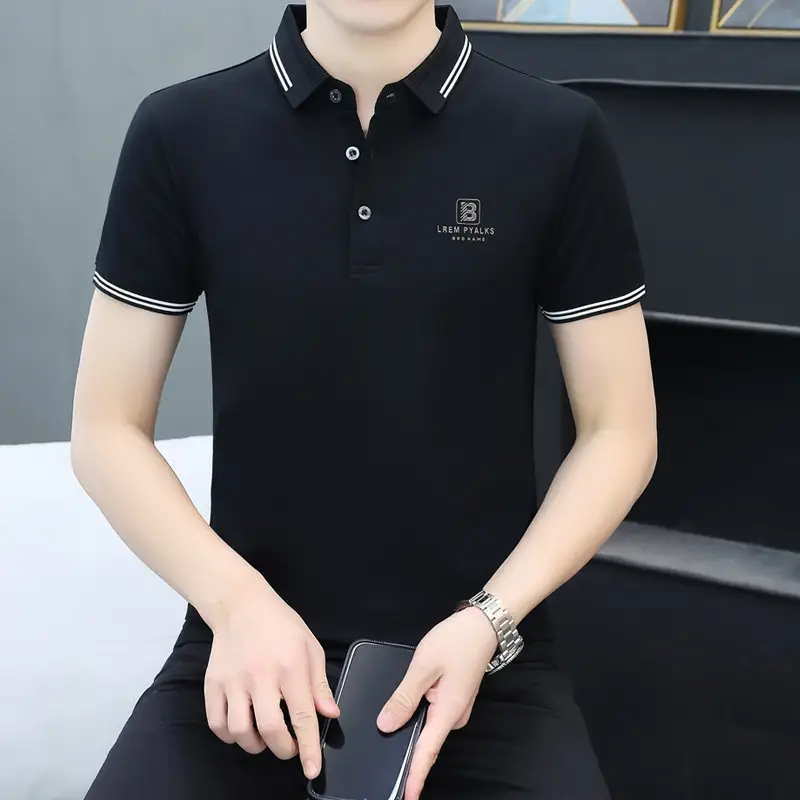 Men Navy Polo T-Shirt Short Sleeve Lapel Bottoming Casual