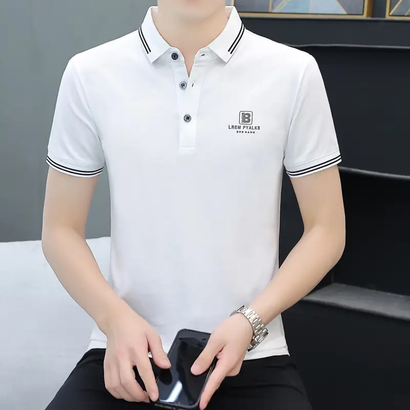 Men Navy Polo T-Shirt Short Sleeve Lapel Bottoming Casual