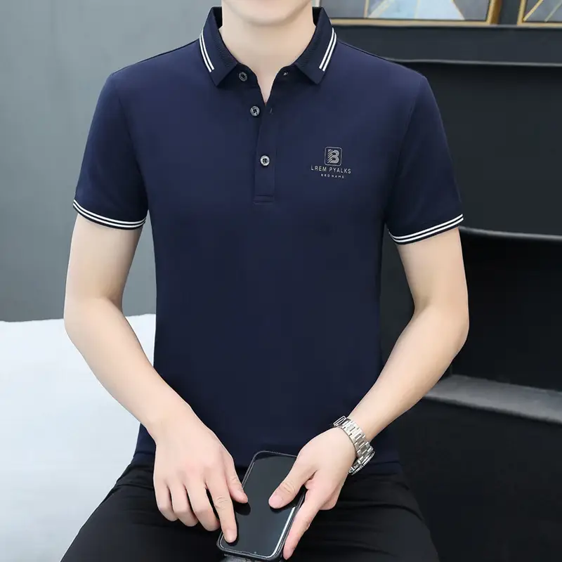Men Navy Polo T-Shirt Short Sleeve Lapel Bottoming Casual