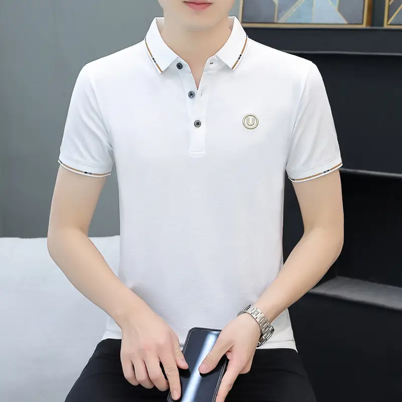 Men Navy Polo T-Shirt Short Sleeve Lapel Bottoming Casual