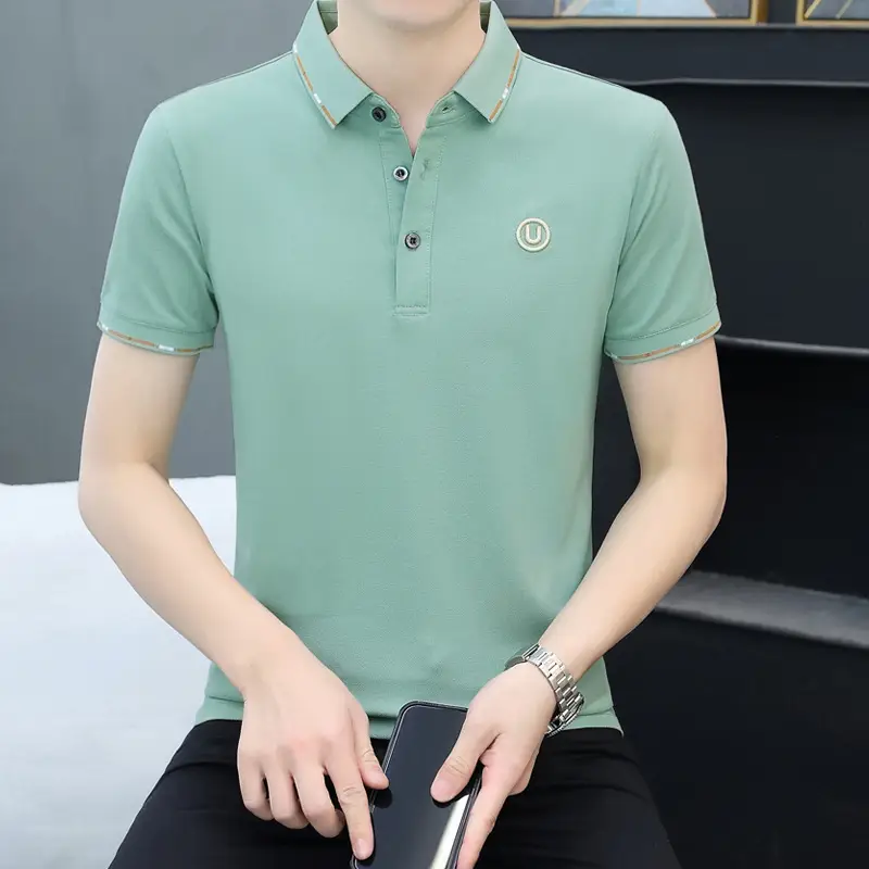 Men Navy Polo T-Shirt Short Sleeve Lapel Bottoming Casual