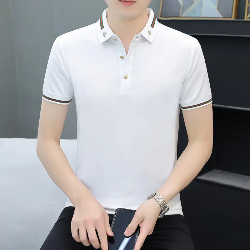 Men Navy Polo T-Shirt Short Sleeve Lapel Bottoming Casual