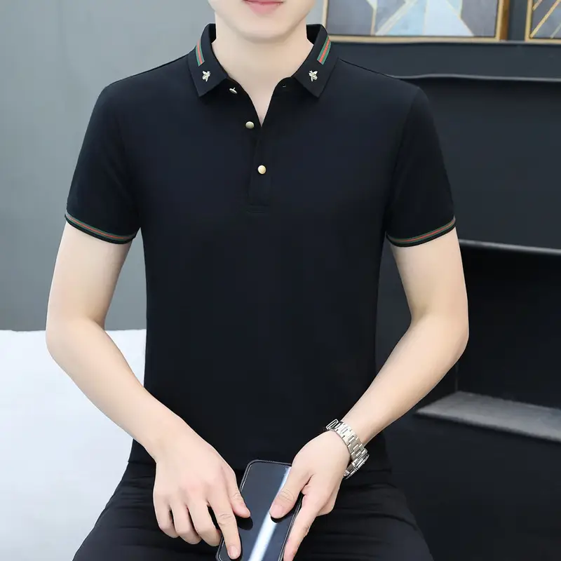 Men Navy Polo T-Shirt Short Sleeve Lapel Bottoming Casual