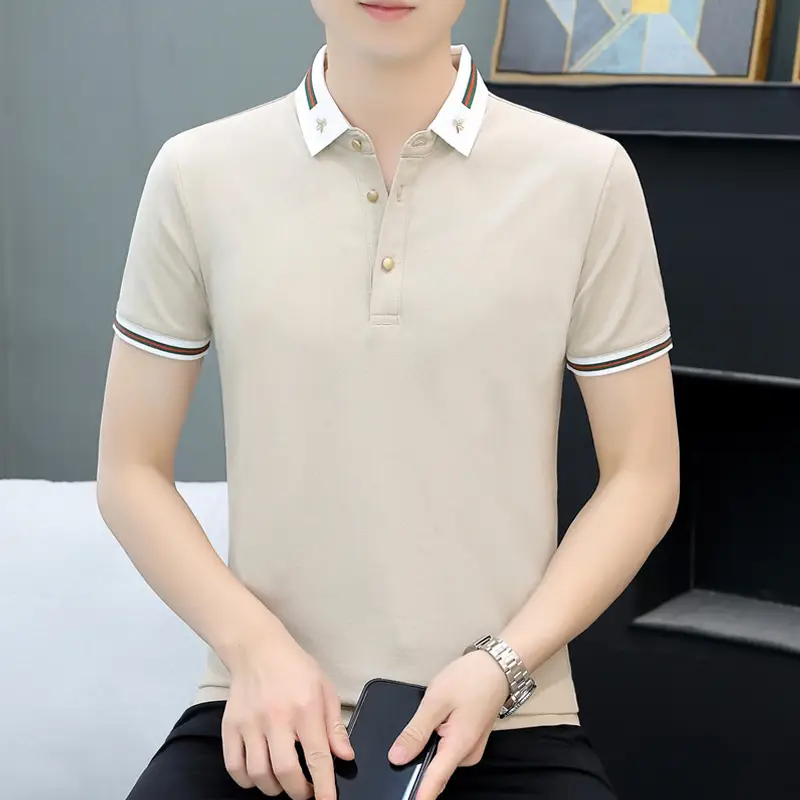 Men Navy Polo T-Shirt Short Sleeve Lapel Bottoming Casual