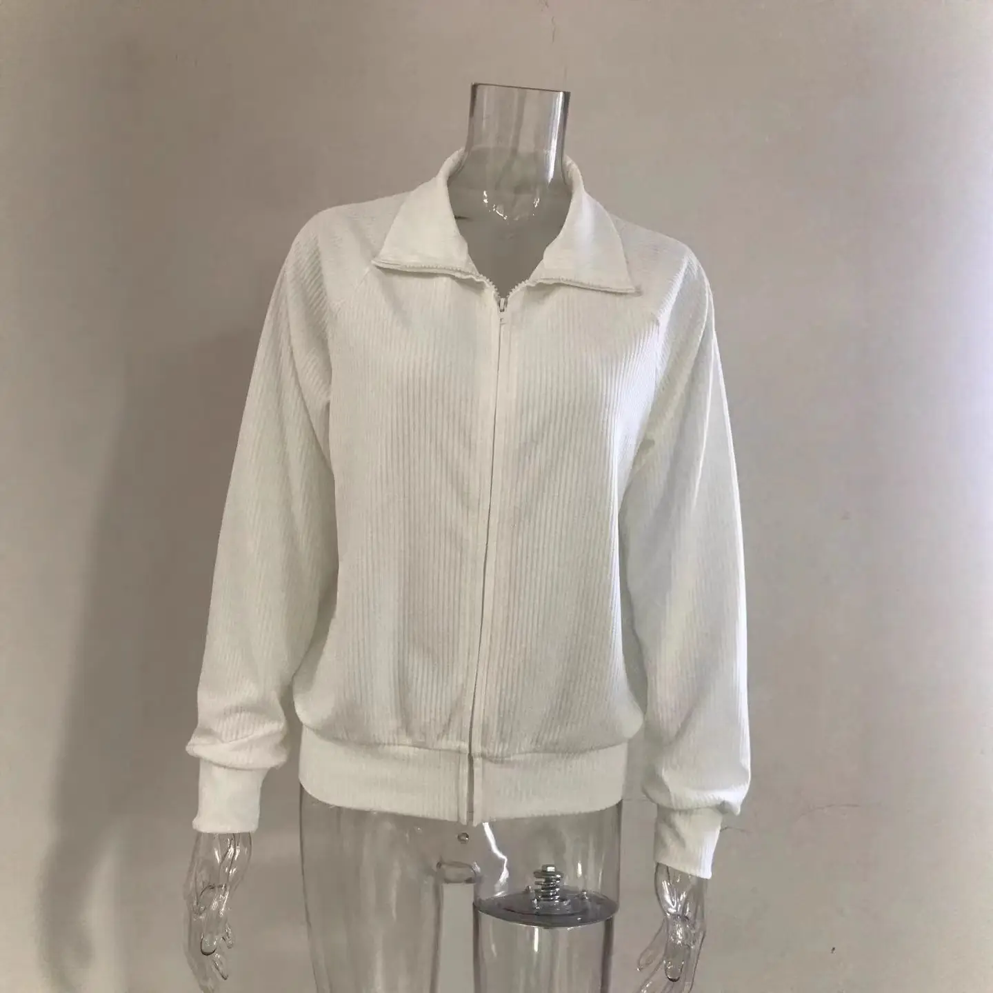 White Zipper Cardigan Mid-Length Striped Long Sleeve