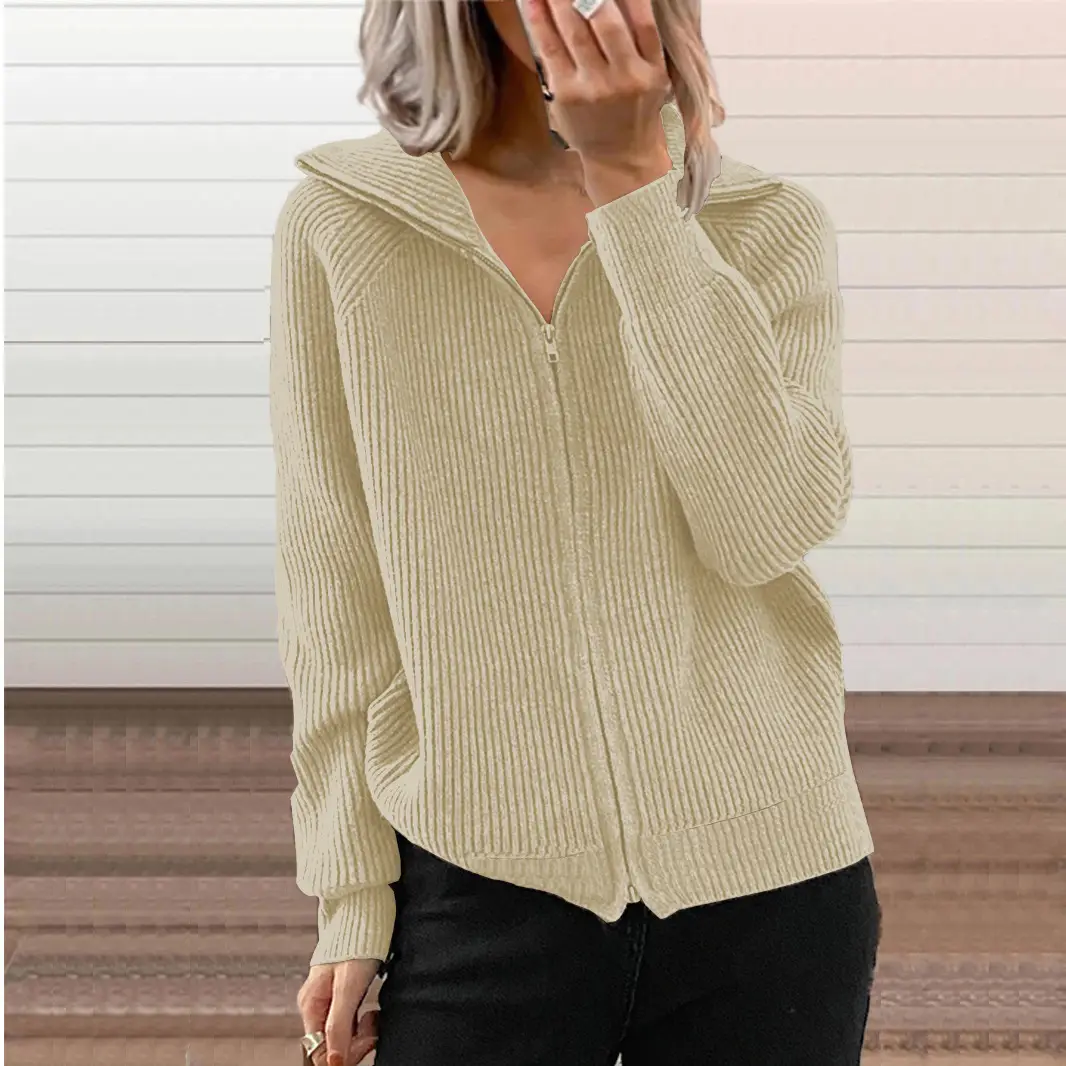 White Zipper Cardigan Mid-Length Striped Long Sleeve