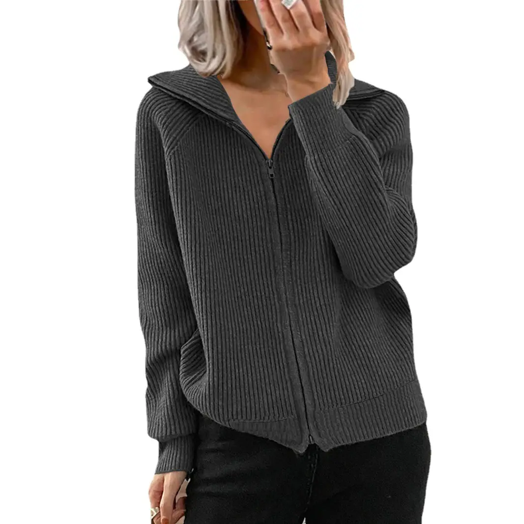 White Zipper Cardigan Mid-Length Striped Long Sleeve