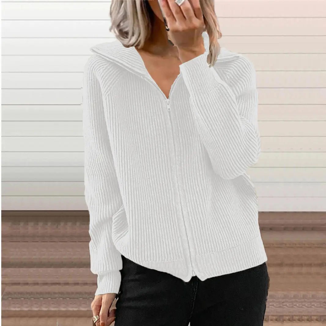 White Zipper Cardigan Mid-Length Striped Long Sleeve