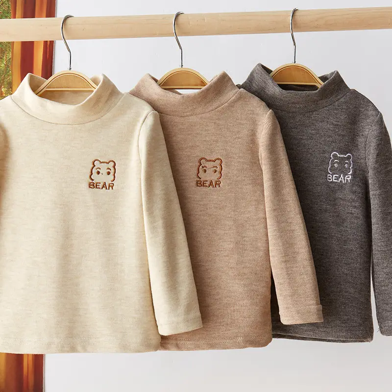 Children's Grey Velvet Half Turtleneck Top with Bear Print - Image 5