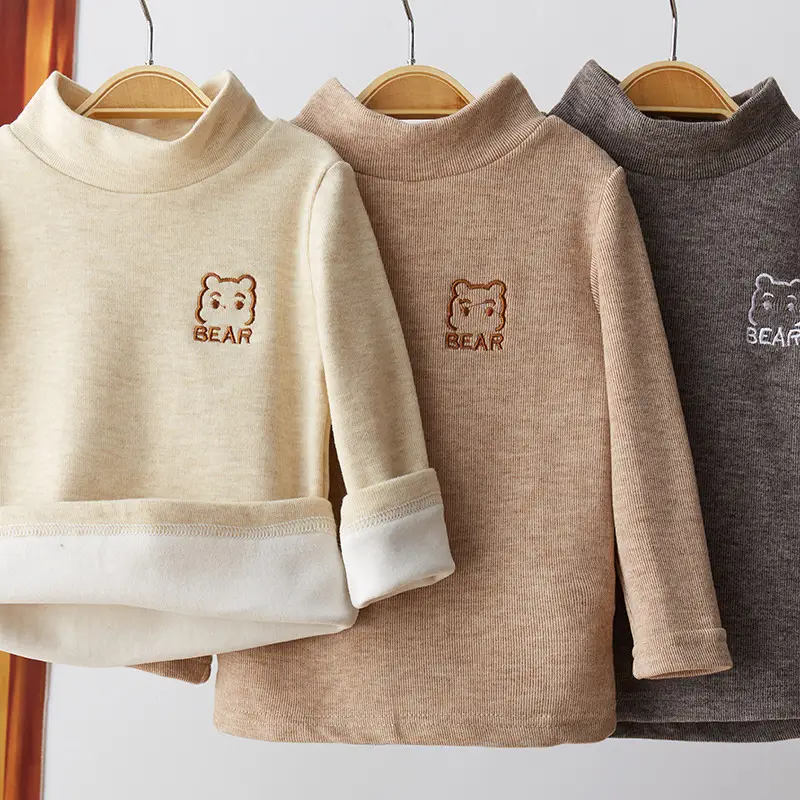 Children's Grey Velvet Half Turtleneck Top with Bear Print — feature 3