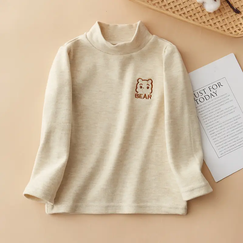 Children's Grey Velvet Half Turtleneck Top with Bear Print — feature 7