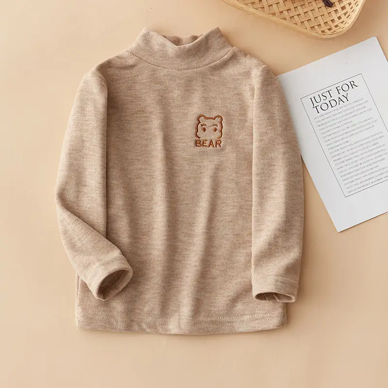 Children's Grey Velvet Half Turtleneck Top with Bear Print — feature 9