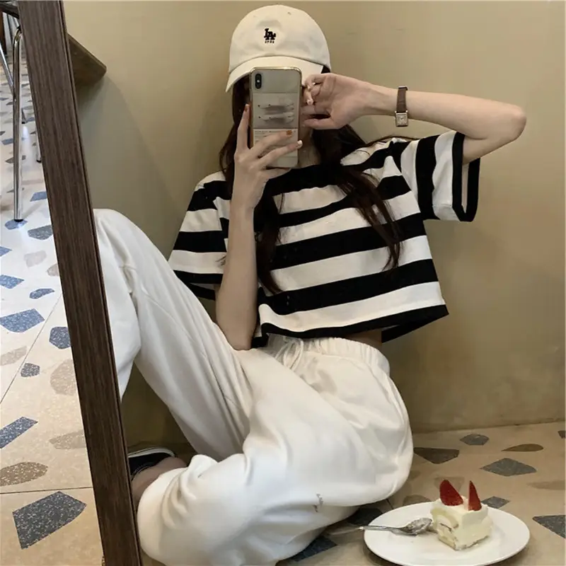 Women Striped Short Sleeve T-Shirt One Piece Drop Shipping — feature 13