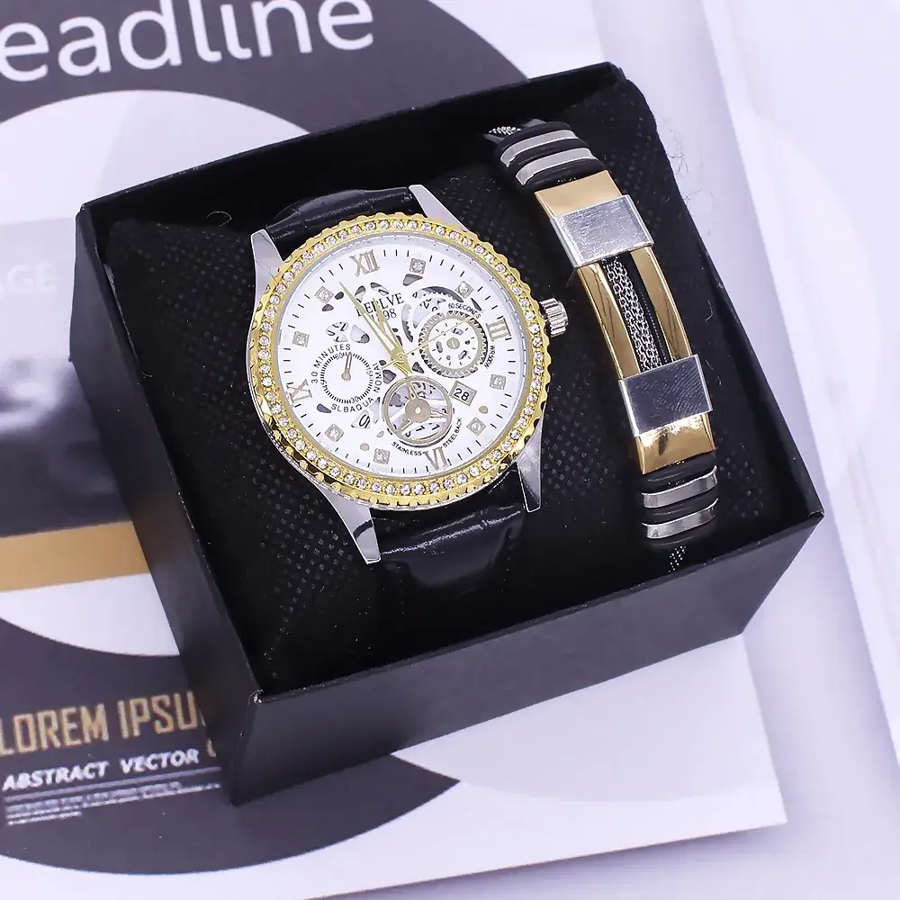 Men's Luxury Chronograph Watch Set Gold Black - Image 2