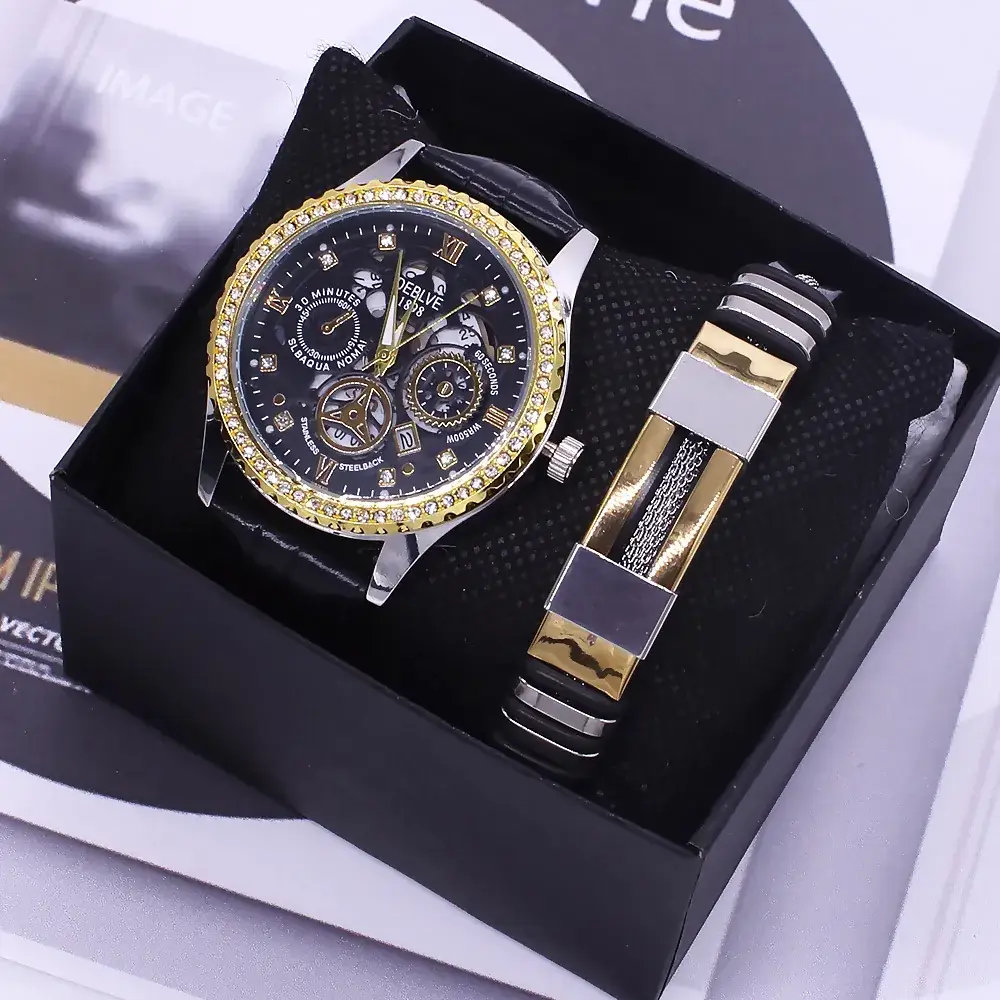 Men's Luxury Chronograph Watch Set Gold Black - Image 3