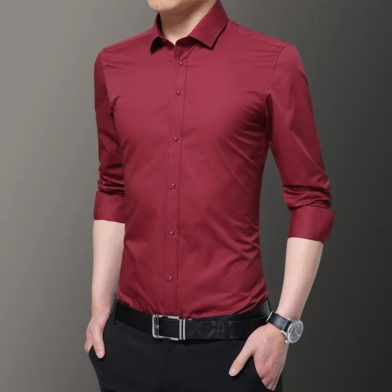 Men's Maroon Formal Shirt with Button Front and Long Sleeves