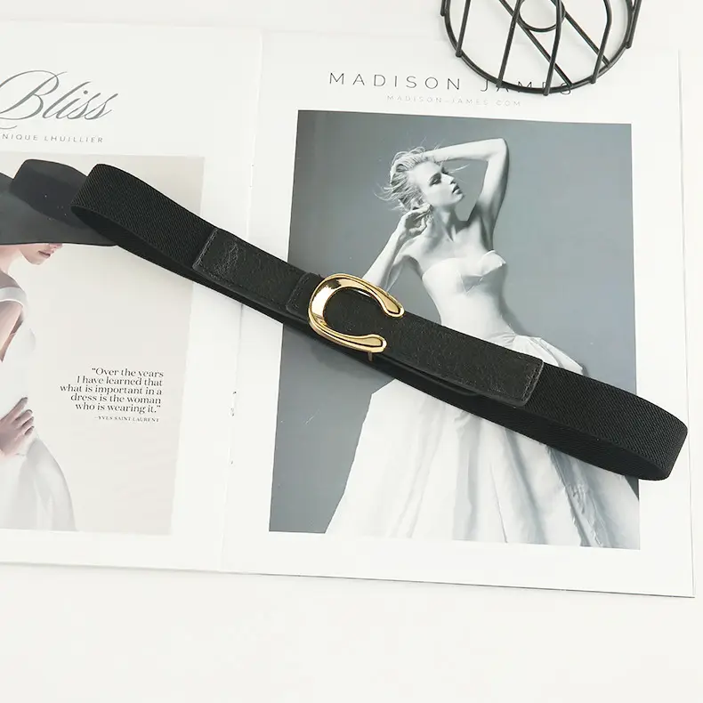 Black Stretch Elastic Coat Belt with Gold Clasp