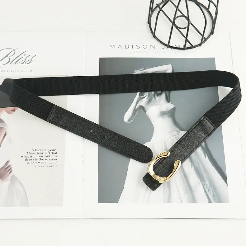 Black Stretch Elastic Coat Belt with Gold Clasp