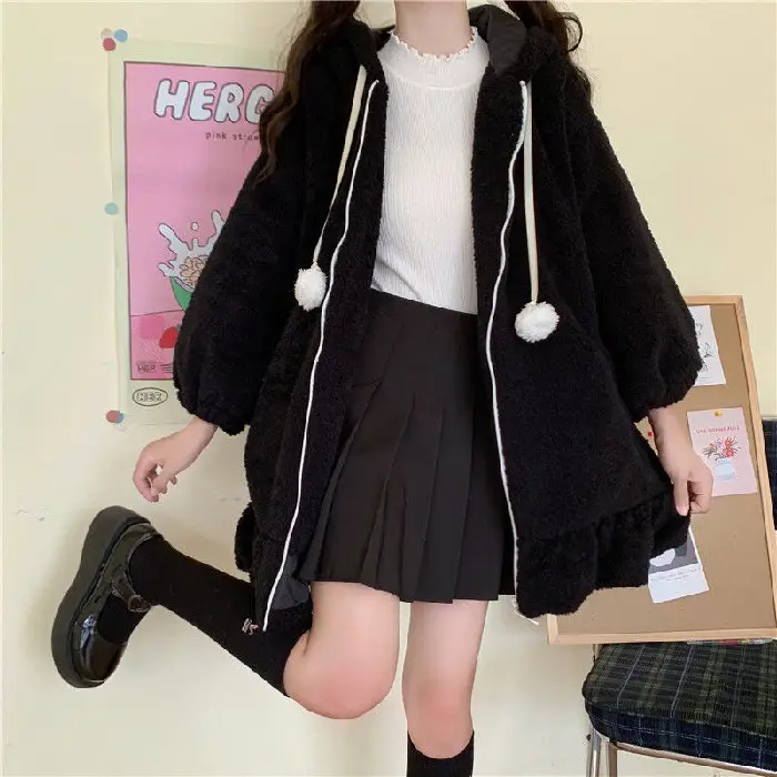 2025 Women's Black Rabbit Ears Sweatshirt Jacket Set Large - Image 2