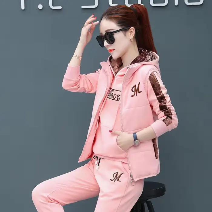 Women Fleece Winter Hoodie Set Pink Letter Embroidered - Image 9