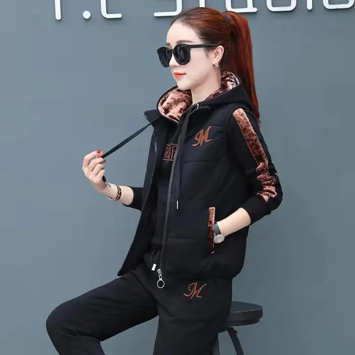 Women Fleece Winter Hoodie Set Pink Letter Embroidered - Image 2