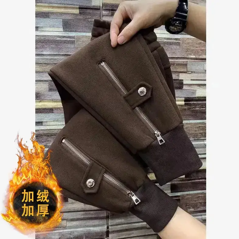 Women Fleece Zipper Pants Brown Thick Warm Winter Leg Pants - Image 2