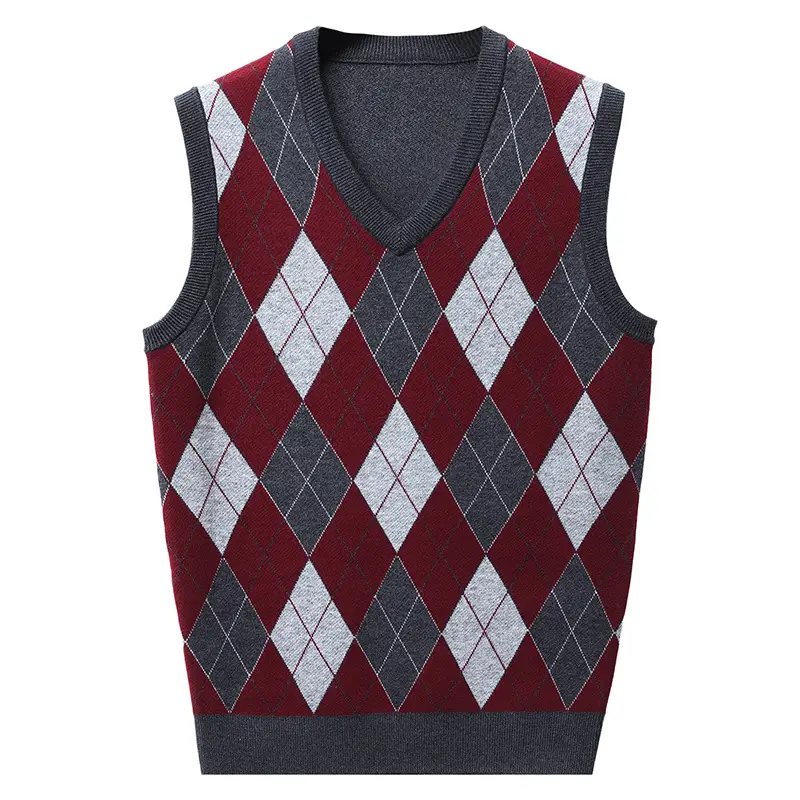 Men's Knitted V Neck Vest Maroon Blue Argyle - Image 5